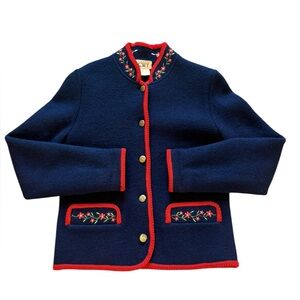 CWT Vintage Wool Blazer Jacket Navy Blue Red Trim Floral Detail Womens Size 8